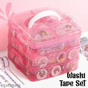 Washi Tape Set - 100 Pcs Designer Decorative Gift Packing Tape Masking Tapes with 20 Pcs Kawaii Stickers, Tweezer, Pen and Spatula in 3 Layer Box, Tapes for Art & Craft (Pink Color Box)